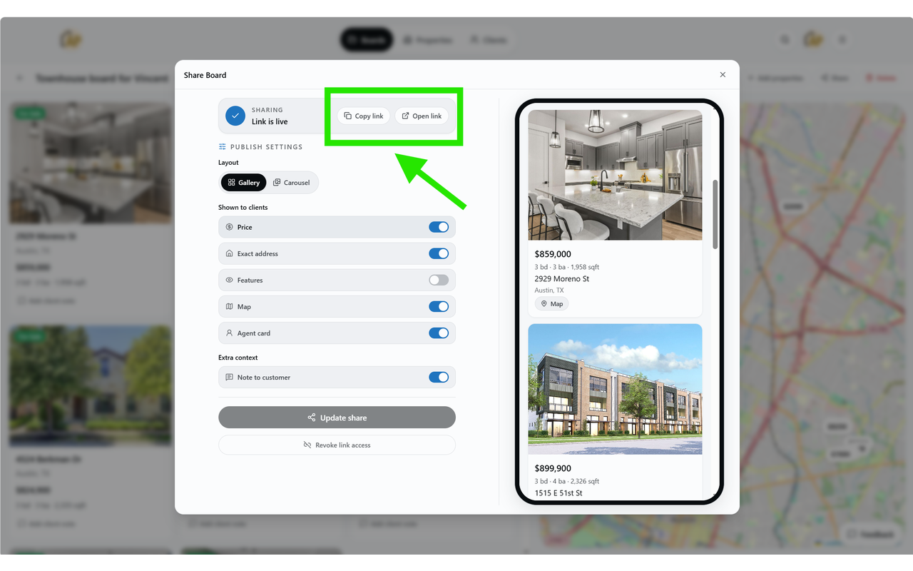 AgentPicks share link flow for a client-facing Board
