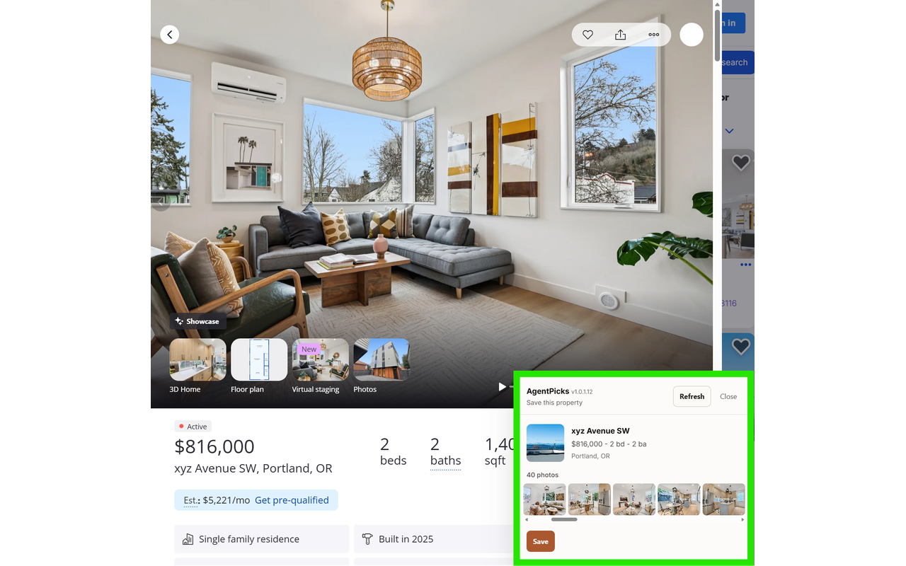 AgentPicks extension saving a property from a listing page