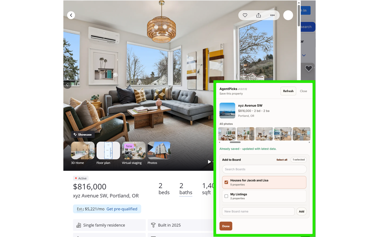 Saved property added to a customer Board in AgentPicks